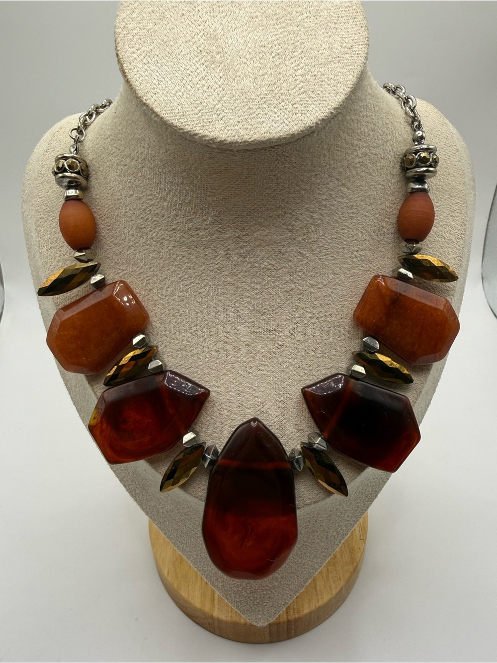 Statement Amber Tortoise Resin Beaded Necklace | Chunky Artisan Bib Necklace 21”